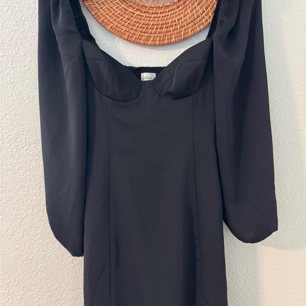 Wilfred Black Sheath Dress with Sweetheart Neckline and Bishop Sleeves